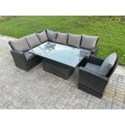 Fimous High Back PE Rattan Corner Sofa Set Garden Furniture Adjustable Rising Lifting Table Set With Chair