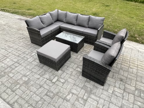 Fimous 9 Seater Rattan Garden Furniture Sets High Back Corner Sofa Rectangular Coffee Table Set with Big Footstool 2 Armchairs Dark Grey Mixed