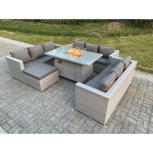 Fimous Light Grey U Shape Lounge Sofa Dining Set With Gas Fire Pit Rattan Garden Furniture Set Heater Burner Big Footstool