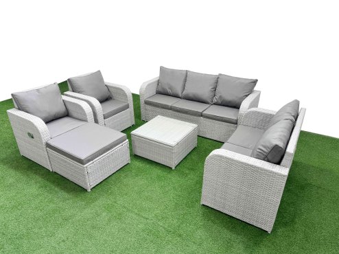 Fimous PE Rattan Garden Furniture Set Adjustable Chair Sofa Double Love Seat 2 Seater Sofa Lounge Set Square Coffee Table Big Footstool Light Grey