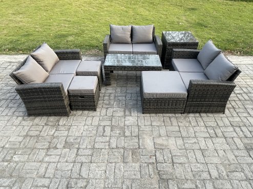 Fimous Outdoor U Shape Sofa Set Wicker PE Rattan Garden Furniture Set with Coffee Table Double Seat Sofa 3 Footstools Side Table Dark Grey Mixed