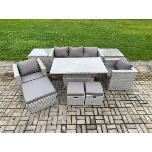 Fimous Rattan Outdoor Garden Funiture Set Height Adjustable Rising Lifting Table Sofa Dining Set with 2 Armchairs 2 Side Tables Footstools