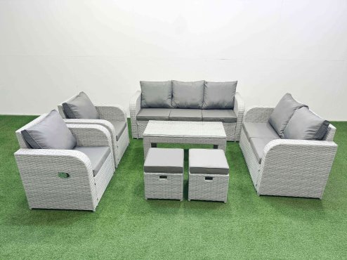 Fimous PE Rattan Garden Furniture Set Adjustable Chair Sofa Double Love Seat 2 Seater Sofa Lounge Set Rectangular Coffee Table 2 Stools Light Grey Image