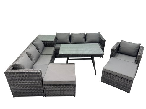 Fimous Outdoor Corner Sofa Chair Dining Table Set Garden Rattan Furniture Set 9 Seater with Side Table 2 Big Stool Dark Grey