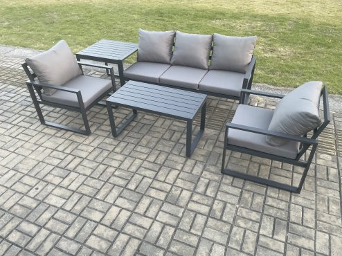 Fimous Aluminium Outdoor Garden Furniture Set Patio Lounge Sofa with Oblong Coffee Table 2 Armchairs Side Table Dark Grey