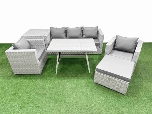 Fimous 7 Pieces Outdoor PE Rattan Sofa Armchair Set Patio Garden Furniture Sets with Cushions Side Table Big Stool Light Grey