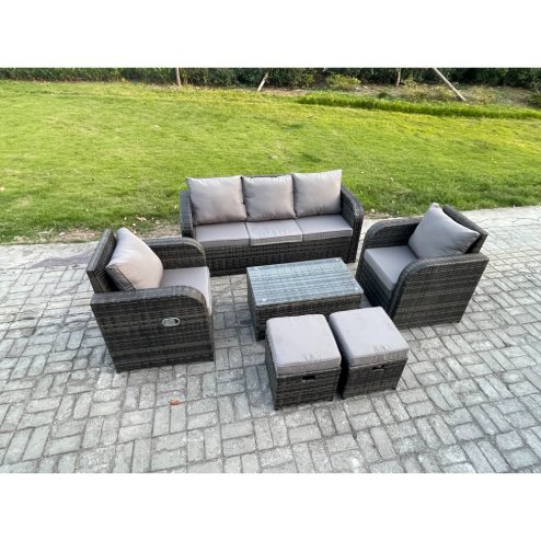 Fimous Outdoor Rattan Garden Furniture Set Patio Lounge Sofa Set with Reclining Chair Rectangular Coffee Table 2 Small Footstool Dark Grey Mixed