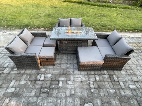 Fimous High Back Rattan Garden Furniture Sofa Sets with Outdoor Furniture Gas Firepit Dining Table Set 3 Footstools Dark Grey Mixed