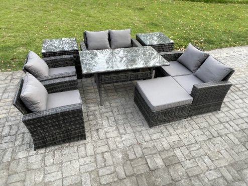 Fimous Rattan Garden Furniture Set Patio Outdoor Lounge Sofa Set with Oblong Dining Table Double Seat Sofa 2 Side Tables Big Footstool Dark Grey Mixed