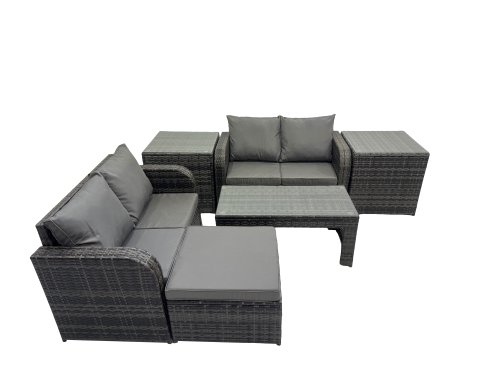 Fimous 3 Seater Sofa Reclining Chair Coffee Table Set Rattan Garden Outdoor Furniture Set with 2 Side Tables Big Stool Dark Grey Mixed