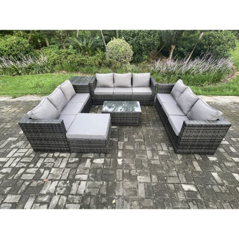 Fimous 10 Seater Outdoor Lounge Sofa Set Wicker PE Rattan Garden Furniture Set with Oblong Coffee Table Side Table Big Footstool Dark Grey Mixed