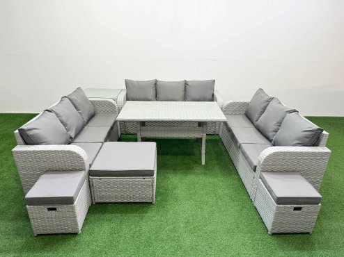 Fimous PE Rattan Lounge Sofa Set 12 Seater Outdoor Garden Furniture Set with Rectangular Dining Table 3 Seater Sofa 3 Stools Side Table Light Grey