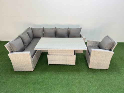 Fimous 7 Seat Rattan Outdoor Garden Furniture Corner Sofa Set Adjustable Lifting Dining or Coffee Table Set with Armchair Light Grey