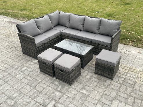 Fimous Rattan Lounge Corner Sofa Set Wicker PE Outdoor Garden Furniture Set with Rectangular Coffee Table 3 Small Footstools Dark Grey Mixed
