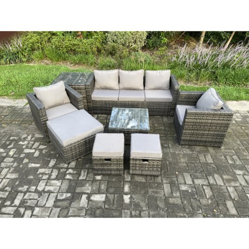 Fimous 8 Seater Wicker Rattan Garden Furniture Sofa Set with Side Table Armchair Square Coffee Table 3 Footstools Dark Grey Mixed