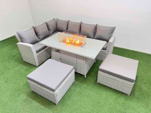 Fimous 8 Seat Rattan Garden Furniture Corner Sofa Set Outdoor Gas Fire Pit Table Sets with 2 Big Footstools Light Grey