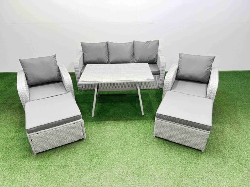 Fimous Reclining Chair 3 Seat Sofa Set Garden Furniture Set with Rectangular Dining Table 2 Big Footstools Light Grey