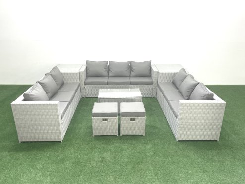 Fimous Rattan Garden Outdoor Furniture Set 11 Seater Garden Sofa Coffee Table Set with 2 Small Footstool 2 Side Tables Light Grey Mixed