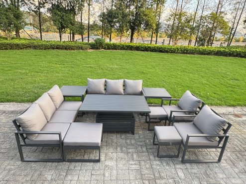 Fimous 9 Piece Garden Furniture Set 11-Seater Aluminium Outdoor Dining Set with Adjustable Rising Lifting Dining Table & Cushions Side Table 3 Footstools Dark Grey
