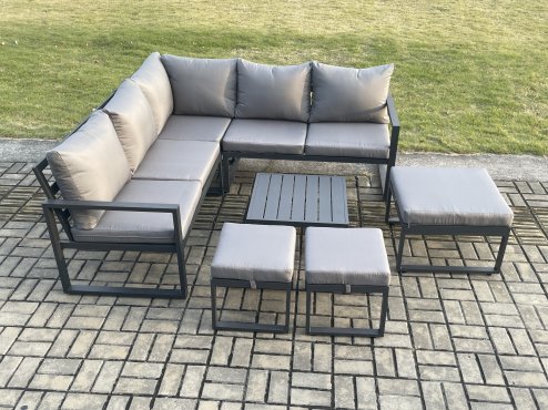 Fimous Outdoor Garden Furniture Set Aluminium Lounge Sofa Square Coffee Table Sets with 3 Footstools Indoor Conservatory Set Dark Grey