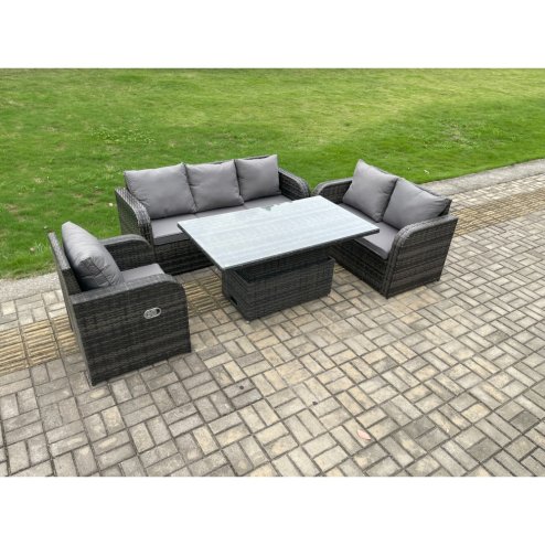 Fimous Outdoor Rattan Furniture Garden Dining Set Patio Height Adjustable Rising lifting Table with 3 Seater Sofa Reclining Chair Love Sofa Dark Grey Mixed