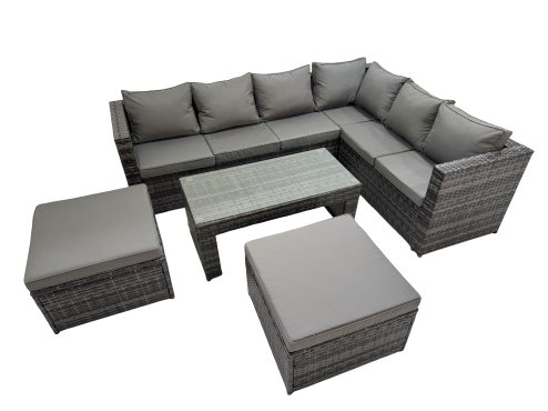 Fimous Outdoor Rattan Oblong Coffee Table Corner Sofa Sets Garden Furniture Set with Chair 2 Big Stools Dark Grey Mixed