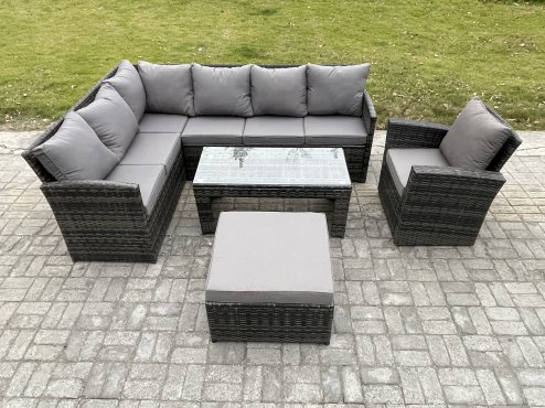 Fimous Rattan Garden Furniture Sets High Back Corner Sofa Oblong Coffee Table Set with Big Footstool Armchair Dark Grey Mixed