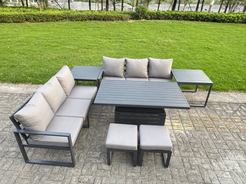 Fimous 6 Pieces Garden Furniture Set Aluminium Adjustable Rising Lifting Dining Table and Sofa Set with Side Table 2 Small Footstools Dark Grey