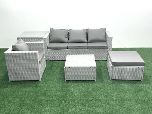 Fimous Garden Outdoor Furniture Set 5 Seater Rattan Sofa Set with Big Footstool Armchair Side Table Light Grey Mixed