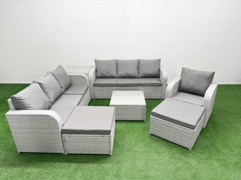 Fimous 9 Seater Poly Rattan Outdoor Garden Furniture Square Coffee Table Sofa Set Patio 3 Seater Sofa Reclining Chair 3 Seater Sofa 2 Big Footstools Side Table Light Grey