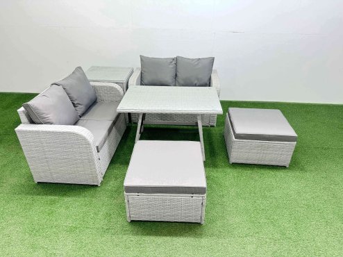 Fimous 6 Seater Outdoor Love Sofa Set Rattan Garden Furniture Set with Rectangular Dining Table Side Table 2 Big Footstool Light Grey