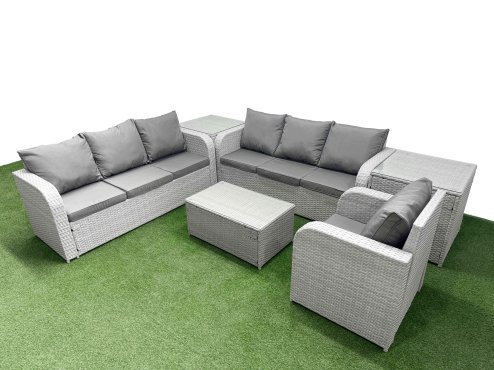 Fimous 7 Seater Poly Rattan Outdoor Garden Furniture Sofa Set Patio 3 Seater Sofa Reclining Chair 3 Seater Sofa 2 Side Table Light Grey