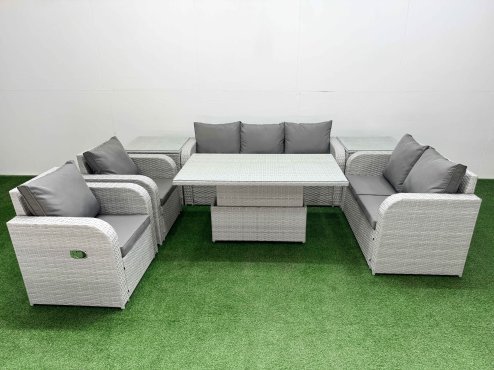 Fimous PE Rattan Garden Furniture Set Reclining Chair Sofa Double Love Seat 2 Seater Sofa Lounge Set Adjustable Lifting Dining or Coffee Table 2 Side Table Light Grey Image