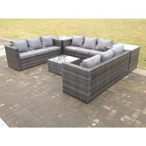 Patio 9 Seater U Shape Rattan Sofa Set Patio Outdoor Garden Furniture With 3 Coffee Table Dark Grey Mixed