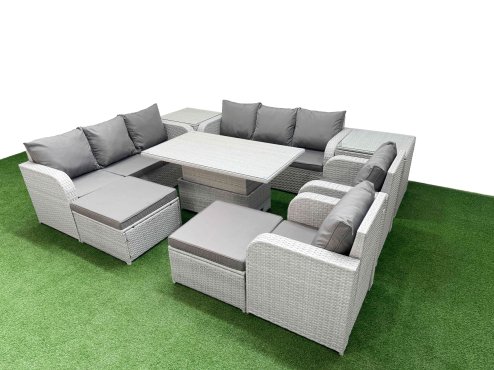 Fimous PE Rattan High Back Lounge Sofa Set Patio Adjustable Lifting Dining or Coffee Table & Chairs Set with 3 Seater Sofa Reclining Chair 2 Big Footstool 2 Side Table Light Grey