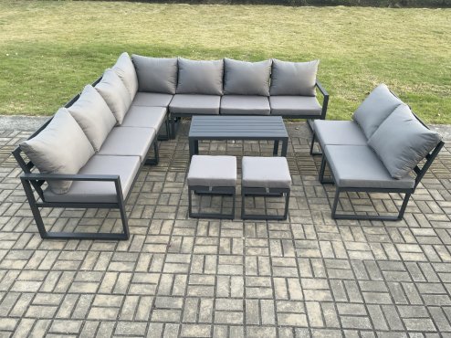 Fimous Aluminium 11 Seater Patio Outdoor Garden Furniture Lounge Corner Sofa Set with Oblong Coffee Table with 2 Small Footstools Dark Grey