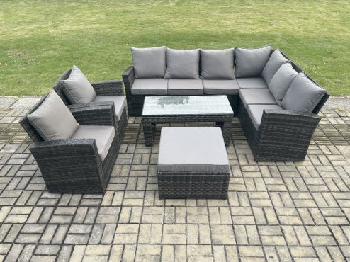 Fimous Rattan Corner Sofa Garden Furniture Set with Big Footstool Rectangular Coffee Table 2 Armchairs with Cushion Dark Grey Mixed
