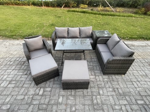 Fimous 7 PCS Outdoor Lounge Sofa Set Wicker PE Rattan Garden Furniture Set with Rectangular Dining Table Armchair 2 Big Footstool Side Table Dark Grey Mixed