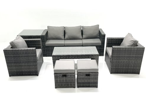 Fimous Rattan Garden Furniture Set Outdoor Lounger Sofa with Coffee Table 2 Armchair 2 Small Footstools Side Table Dark Grey Mixed