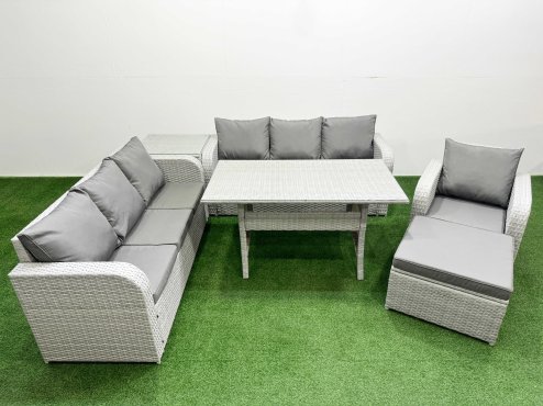 Fimous 8 Seater Poly Rattan Outdoor Garden Furniture Rectangular Dining Table Sofa Set Patio 3 Seater Sofa Reclining Chair 3 Seater Sofa Big Footstool Side Table Light Grey
