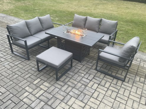 Fimous Aluminium Outdoor Lounge Sofa Garden Furniture Sets Gas Fire Pit Dining Table Set with Arm Chair Big Footstool Dark Grey