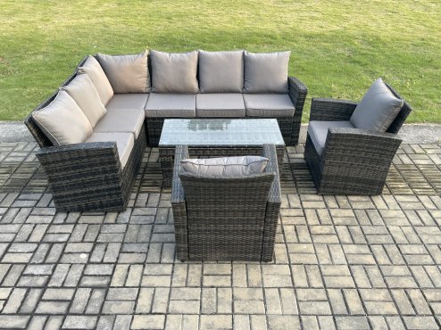 Fimous 8 Seat Rattan Garden Furniture Corner Sofa Set Outdoor Patio Chair Sofa Table Set Dark Grey Mixed
