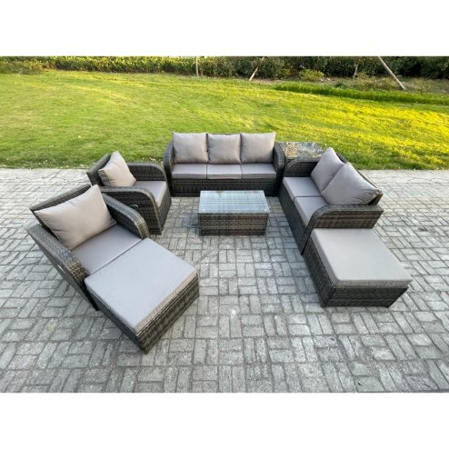 Fimous Patio Garden Furniture Sets Wicker 9 Seater Outdoor Rattan Furniture Sofa Sets with Rectangular Coffee Table Reclining Chair Loveseat Sofa 2 Side Tables 2 Big Footstool