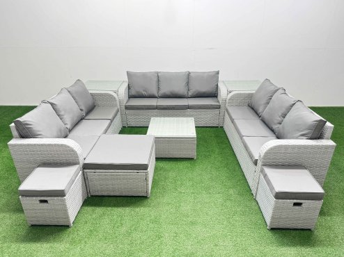 Fimous PE Rattan Lounge Sofa Set 12 Seater Outdoor Garden Furniture Set with Square Coffee Table 3 Seater Sofa 3 Stools 2 Side Table Light Grey