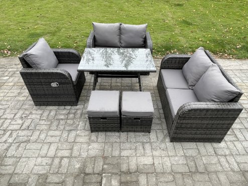 Fimous 6 Pieces Outdoor Garden Dining Sets Rattan Furniture With Dining Table Armchairs Love Sofa 2 Small Footstools Dark Grey Mixed