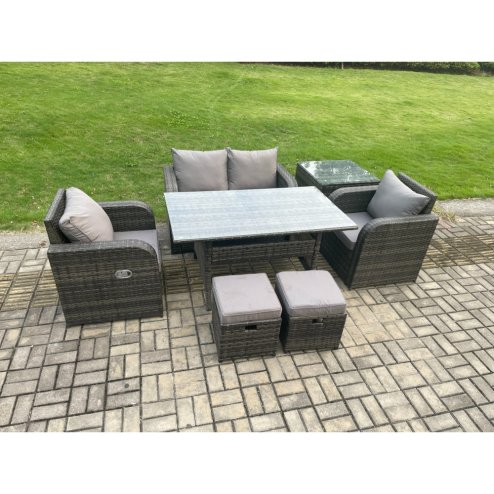 Fimous Outdoor Rattan Garden Furniture Lounge Sofa Set With Oblong Rectangular Dining Table 2 PC Reclining Chair Side Table 2 Small Footstool