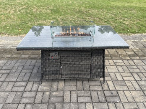 Fimous Outdoor Garden Furniture Sets 9 Pieces Wicker Rattan Furniture Gas Firepit Dining Table Sofa Set with 2 Big Footstool 2 Side Tables Dark Grey Mixed