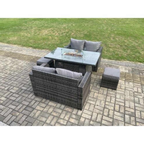Fimous 6 Seater Rattan Outdoor Garden Furniture Sofa Set Gas Fire Pit Dining Table Gas Heater with Love Sofa 2 Small Footstool Dark Grey Mixed
