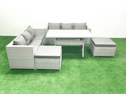 Fimous Rattan Garden Furniture Set 8 Seater Outdoor Sofa Set with Dining Table 2 Big Footstools Light Grey Mixed