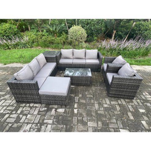 Fimous 9 Seater Outdoor Lounge Sofa Set Wicker PE Rattan Garden Furniture Set with 2 Armchair Oblong Coffee Table Side Table Big Footstool Dark Grey Mixed